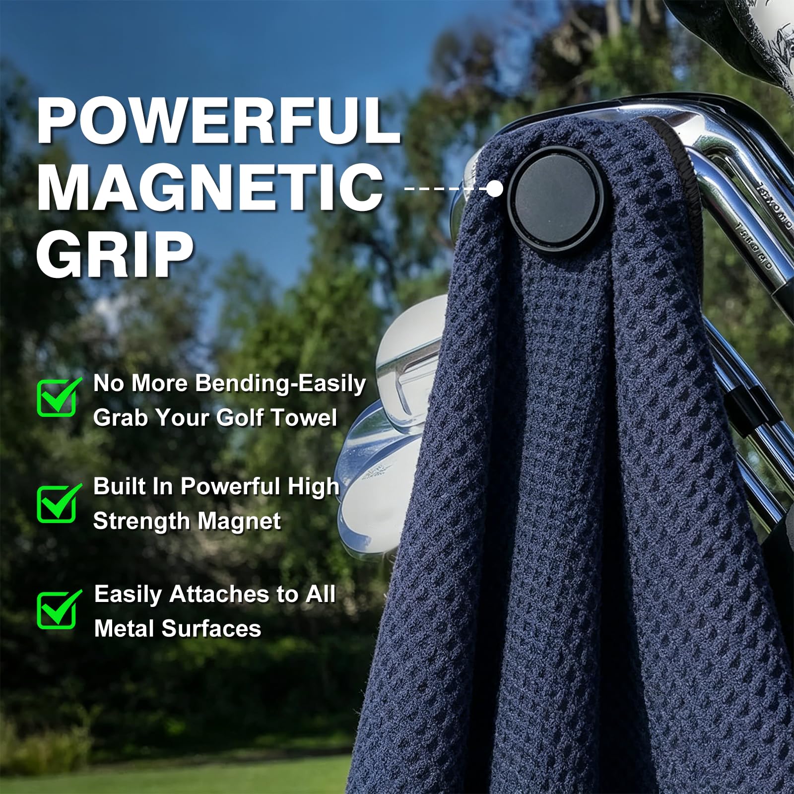 Lot de 3 serviettes de golf magnétiques – Très grande taille en microfibre gaufrée avec clip – Serviette de club de golf ultra absorbante avec aimant puissant pour une tenue solide pour sacs de golf