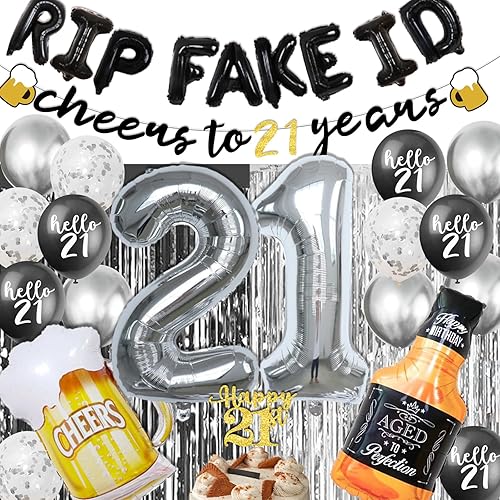 Miniatura 10 de Decoraciones de cumpleaños 21 para él - Decoración de cumpleaños 21 en negro y plata para ella con pancarta de 21 años de felicitación, cortinas,
