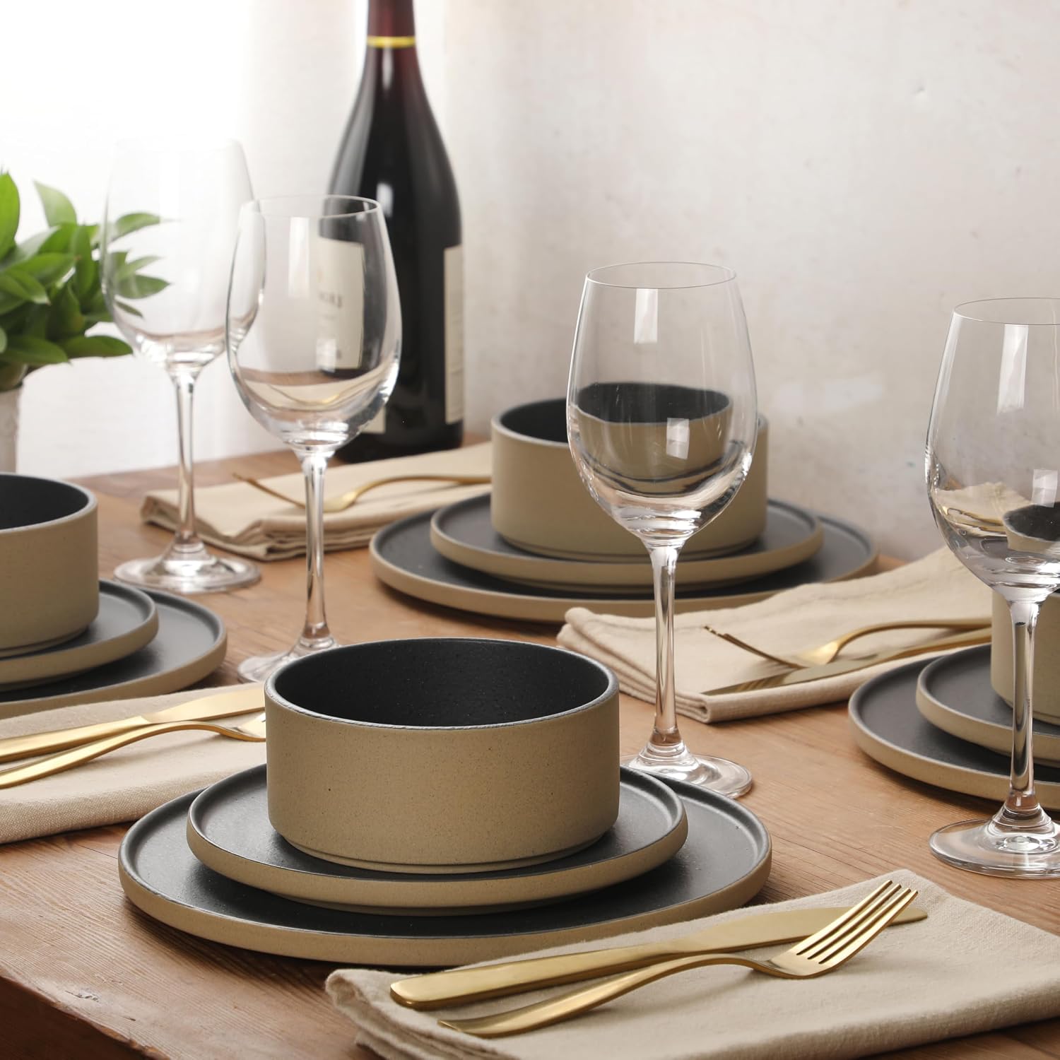 Gibson Elite Villa Amadora - Made in Portugal - 12 Piece Dinnerware Set for 4, Two Tone Tan and Black Speckled Stoneware Plates and Bowls Sets, Dish Set with Dinner Plates Salad Plates & Cereal Bowls