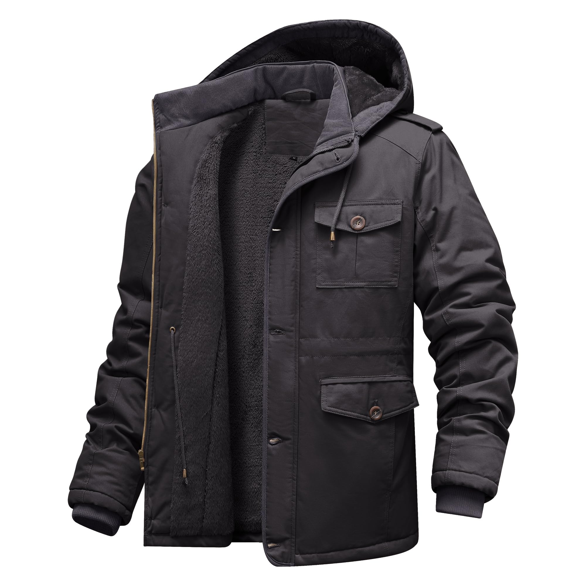 CHEXPEL Men's Winter Jackets with Removable Hood Fleece Lined Cotton Military Work Jackets Outerwear Coats with Pockets