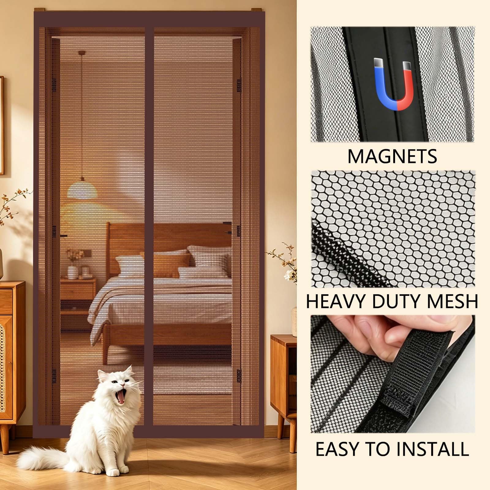 Zanzariera Magnetica 118 x 250 cm Magneti Potenti Chiusura Automatica, Traspirante Zanzariera Porta Magnetico a Mani Libere Senza per Camera, Terrazze, Marrone