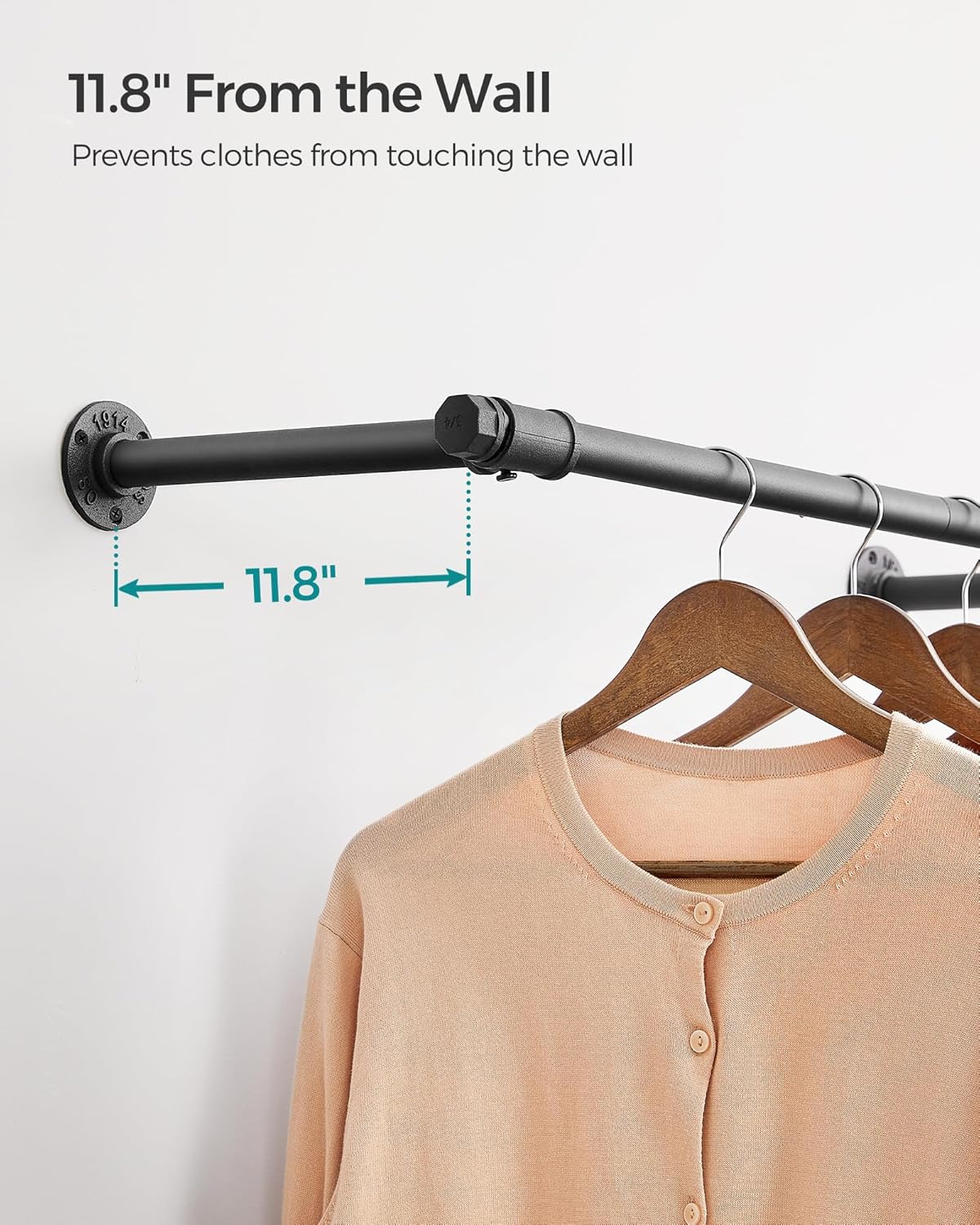 SONGMICS 2 Pack Clothes Rack Wall-Mounted, Industrial Pipe Clothing Rack, Space-Saving Garment Rack, 11.8 x 33 x 2.8 Inches, 132 lb Capacity for Each Hanging Rod, Steel, Black UHSR140B02