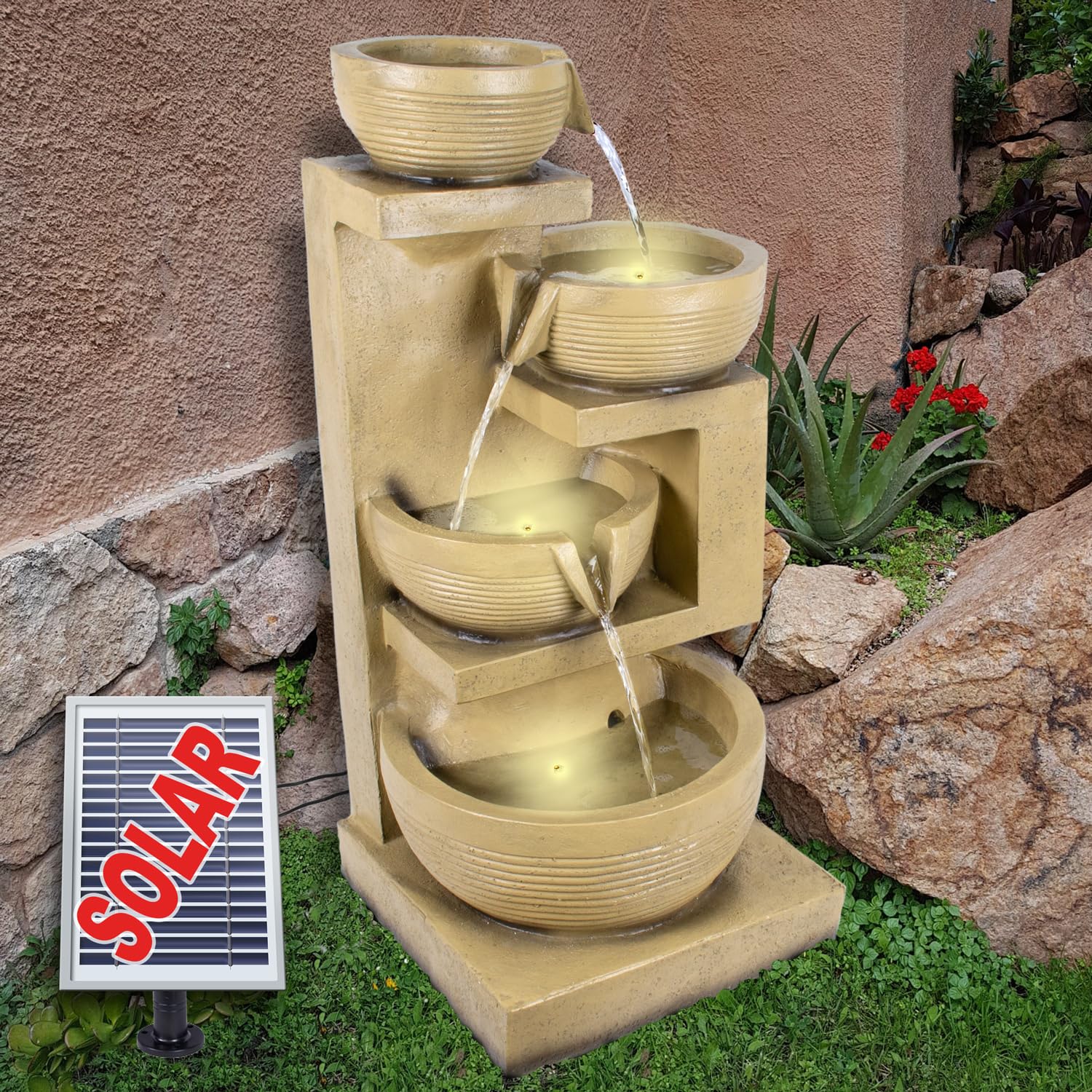 Fontaine de Jardin Solaire avec Batterie Li-ION et Lumière LED 70 cm - Bols Versants 4 Niveaux