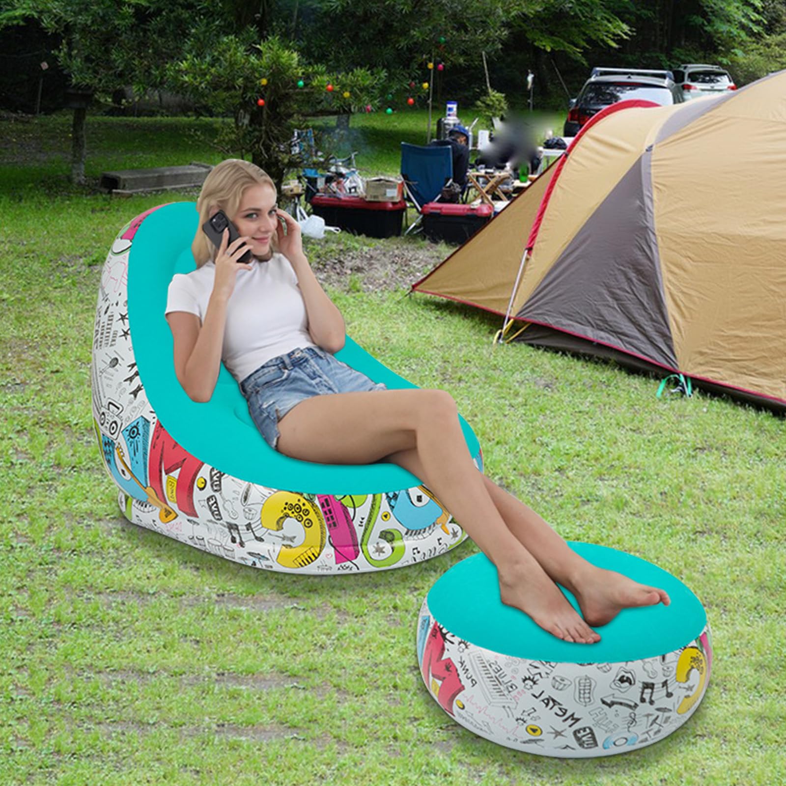 Gohytal Aufblasbares Sofa, mit Hocker Wasserdichtes Luftsofa Outdoor Tragbares Aufblasbar Luft Sofa Couch Air Lounger mit Portable Paket für Camping Urlaub Schwimmbad Strandparties Hinterhof,Cyan