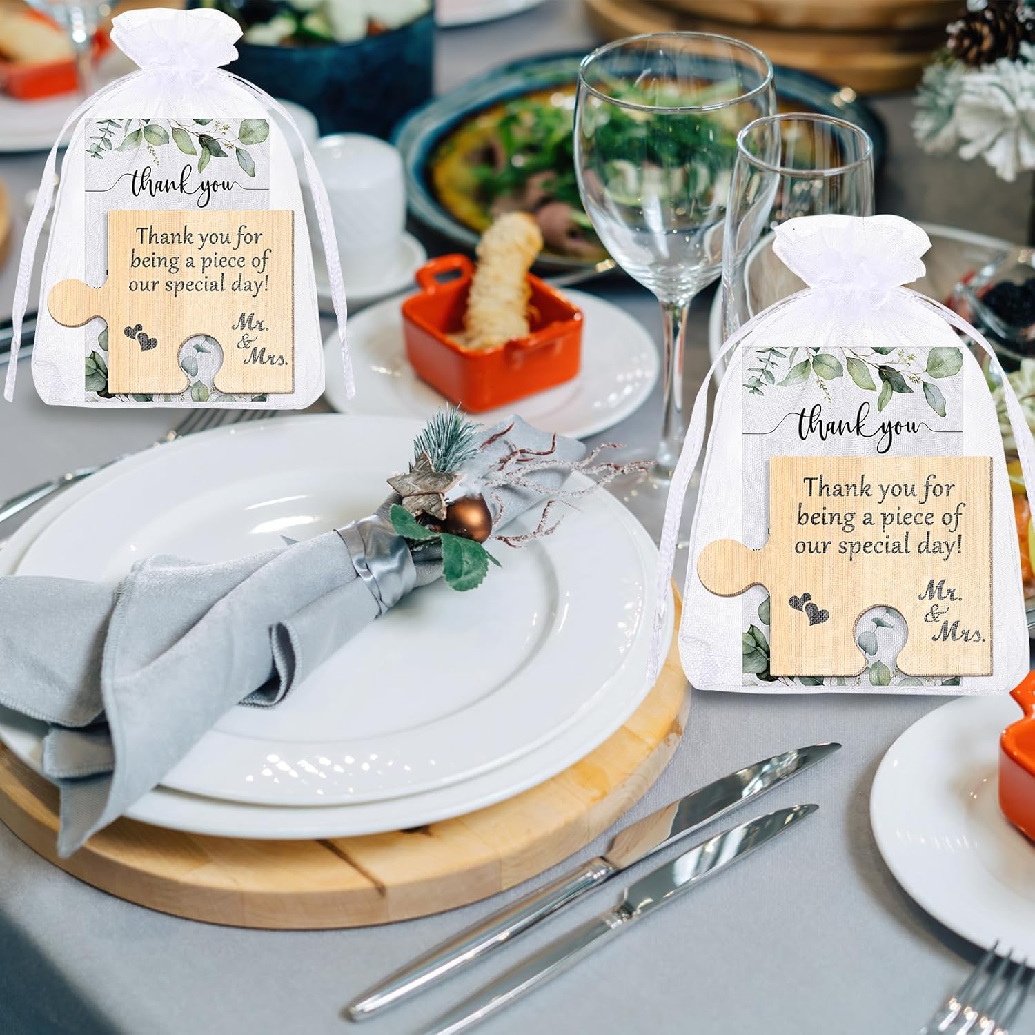 Uiifan 48 Sets Wedding Favors for Guests, Wedding Coaster Gifts, Bridal Shower Party Favors Bamboo Puzzle Piece Coasters with Thank You Cards Organza Bags for Guests Souvenirs Return Gifts