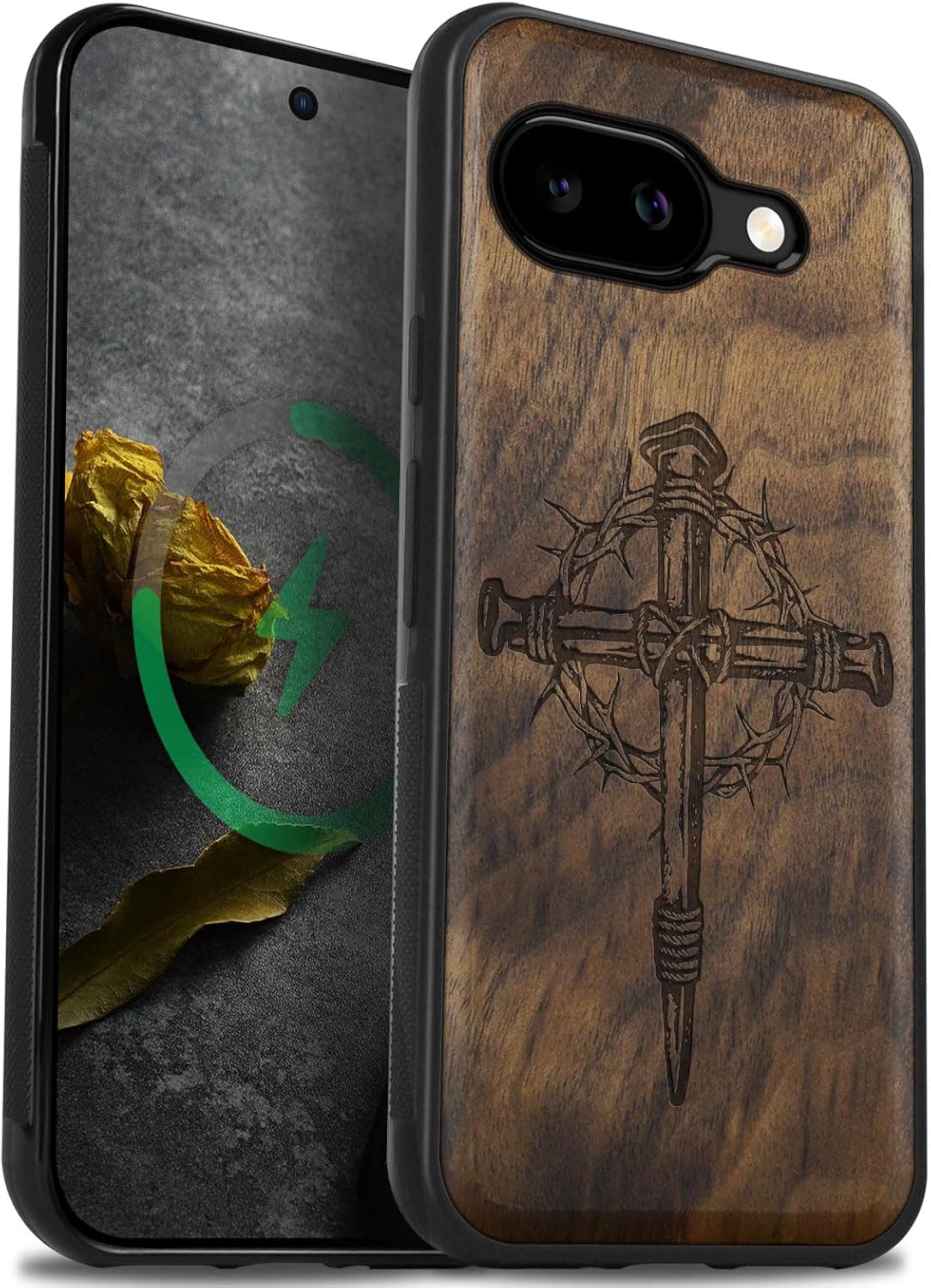 Carveit Magnetic Wooden Case for Google Pixel 9a Case, Wood Artisan Engraved & Soft TPU Shockproof Cover, Compatible with MagSafe Wireless Chargers (Crucifix Nails) Walnut