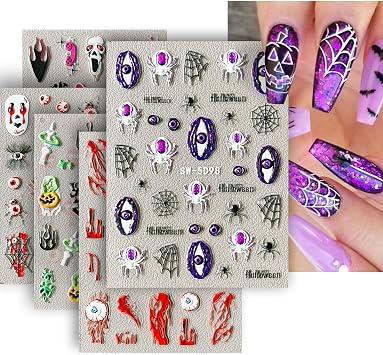 Attractive Designs Halloween Nail Stickers, 5D Embossed Self Adhesive Art Decals,Skull Ghost Spider Webs Pumpkin Bloody Eyes Bat Perfect for DIY Nails Halloween-Themed Party Gift