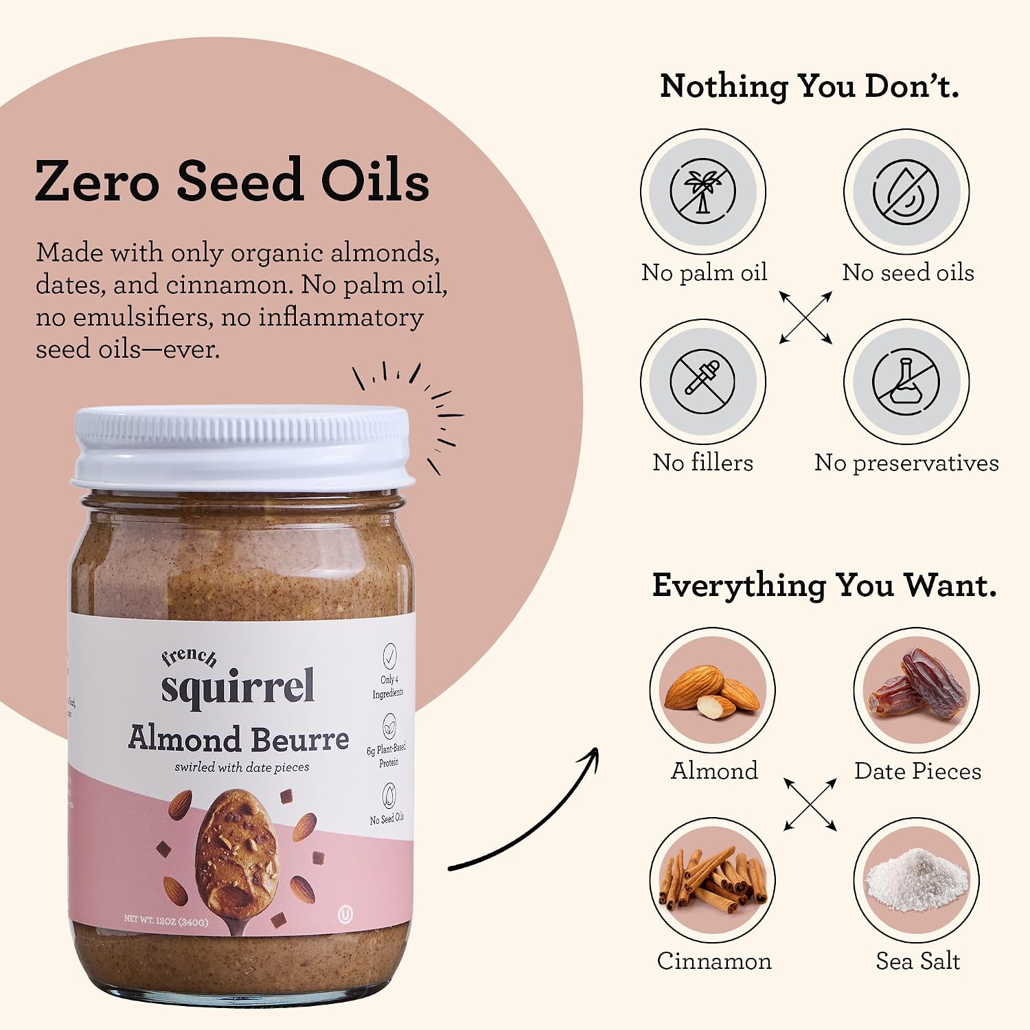 French Squirrel Vegan Almond Butter With Dates, Cinnamon & Sea Salt – 4-Ingredients with 6g Plant-Based Protein, No Seed Oils - Kosher, Dairy Free Butter - 2 Pack