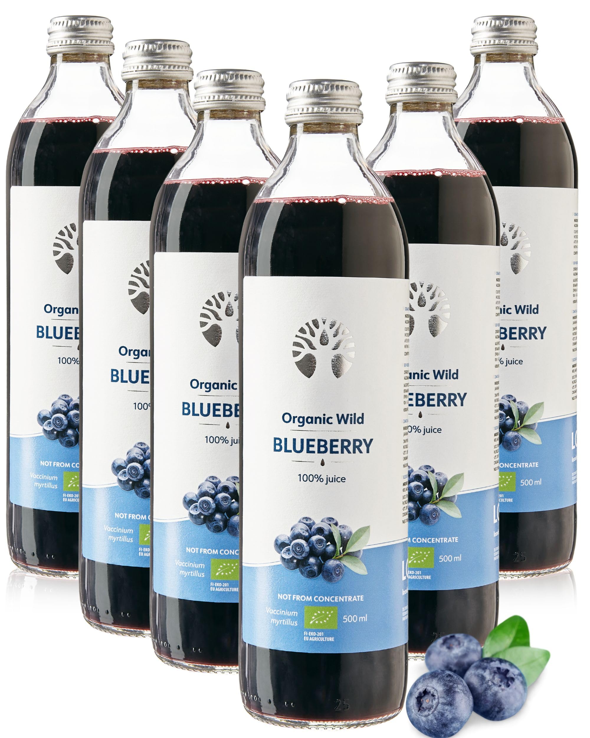 LOOV Organic Wild Blueberry Juice, 100% Pure Juice, Not from Concentrate, Cold Pressed From Wild-Crafted Nordic Blueberries, No Added Water or Sugar, 6 x 500ml
