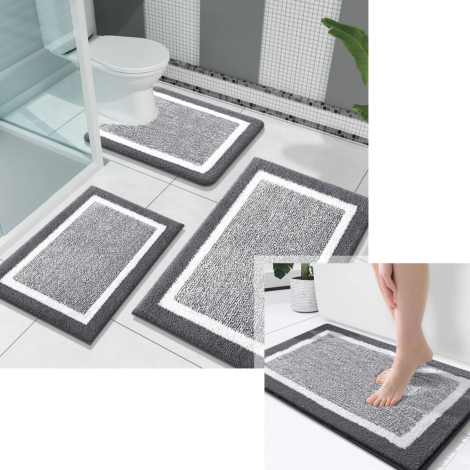 OLANLY Bath Rug and Bathroom Rugs Sets 3 Piece, Bath Rug Size 24x16 and Bathroom Rugs Sets Size 24x16+24x20+30x20 in Dark Grey, 4 Item Bundle