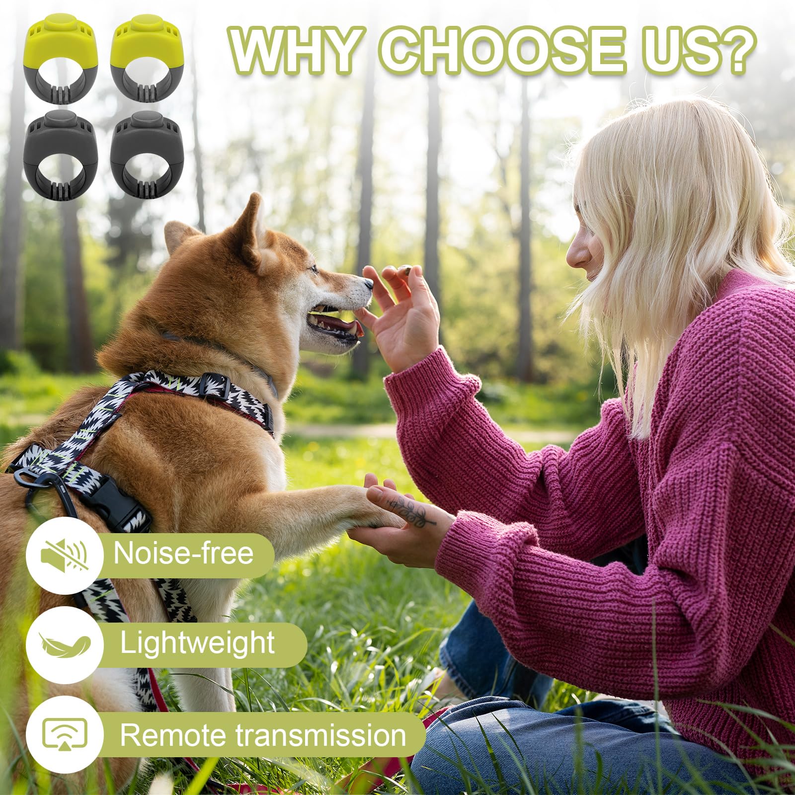 4X Clickers Chien et Chat (19mm/21mm) en Vert et Gris, Accessoire Pratique pour Dressage Chien et Chat, Clicker en Anneau pour Doigt pour Entraînement, Tours et Rappel