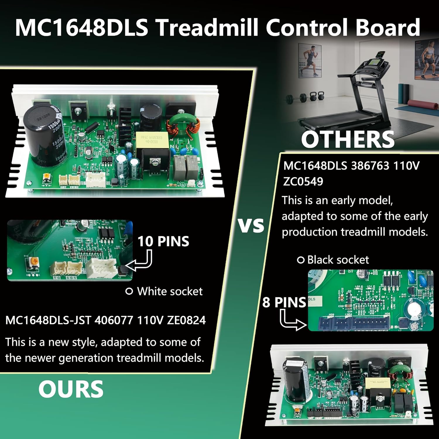 MC1648DLS 406077 Treadmill Control Board,Motherboard Treadmill Motor Controller,Fit for Nordic-Track/FreeMotion/Proform Treadmill Parts，White Sockets 10 Pins 110V Replace MC1648DLS-JST ZE0824