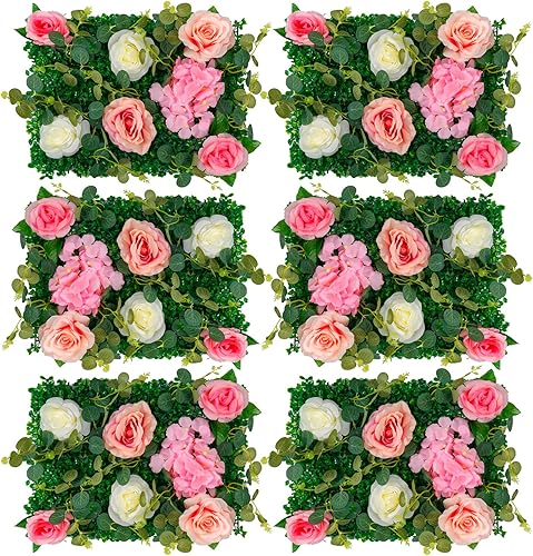 Omldggr Paneles de pared de flores artificiales, paquete de 6 rosas rosas y rojas de 12 x 16 pulgadas, pared floral 3D para bodas, fiestas, baby