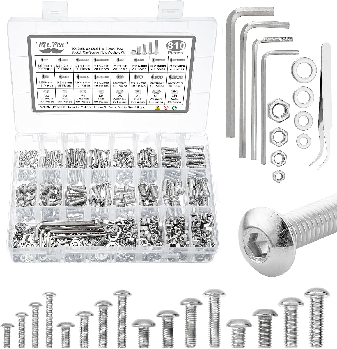 Mr. Pen- Nuts and Bolts Assortment Kit, 810 pcs, Stainless Steel | M3 M4 M5 M6 Button Head Socket Cap Screws Assorted Nuts and Bolts, Nut Bolt and Washer Assortment, Bolt and Nut Assortment