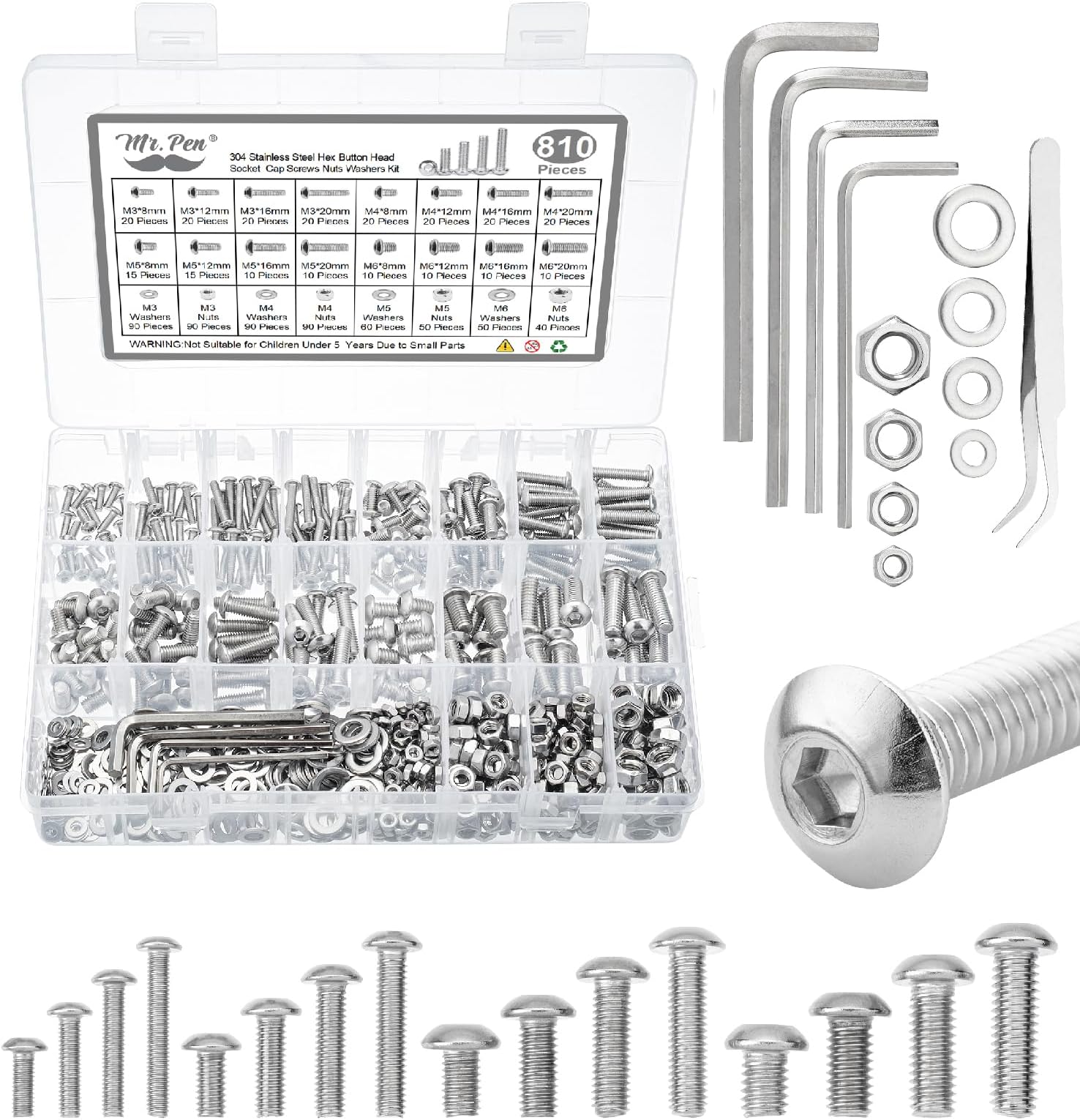 Mr. Pen- Nuts and Bolts Assortment Kit, 810 pcs, Stainless Steel, M3 M4 M5 M6 Button Head Socket Cap Screws Assorted Nuts and Bolts, Nut Bolt and Washer Assortment, Bolt and Nut Assortment