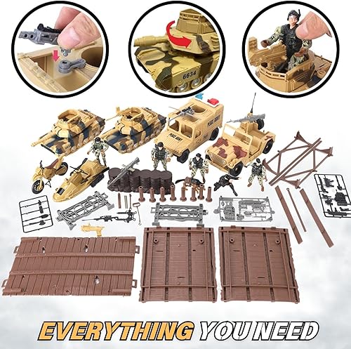Miniatura 7 de Liberty Imports Juego de 42 piezas de zona de combate de juguete con base militar, lugar de batalla con tanques, barco, motocicleta, camiones,
