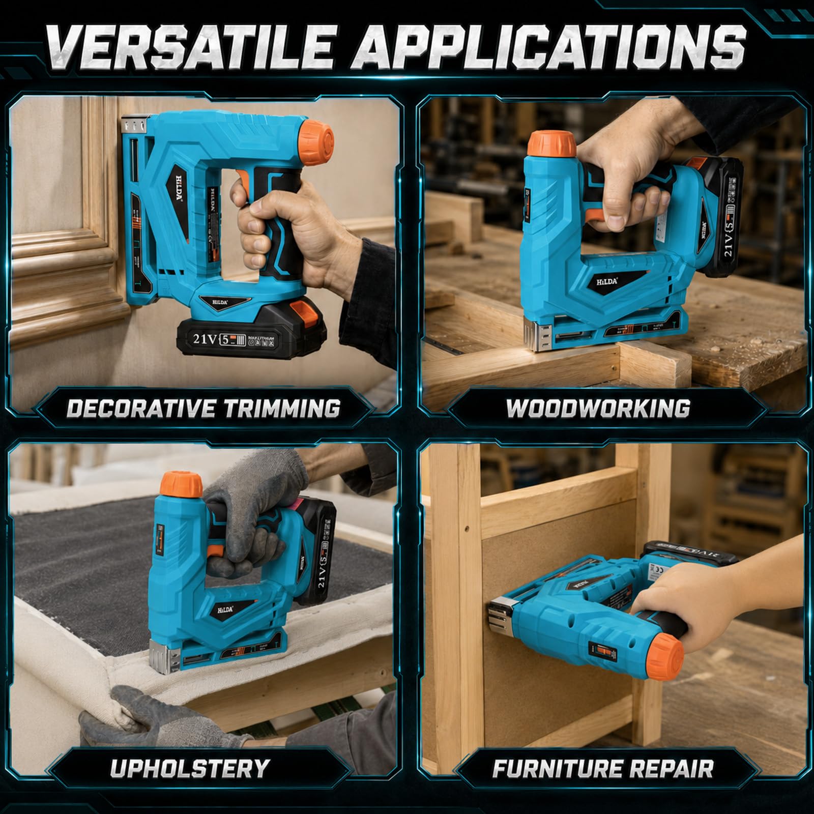 Agrafeuse/Cloueuse Electrique 2 en 1, 21V Cloueuse Sans Fil avec Batterie | Cloueuse Electrique Sans Fil avec 1000 Clous et 1000 Agrafes, 6 Profondeur Réglable pour Bois, Bricolage