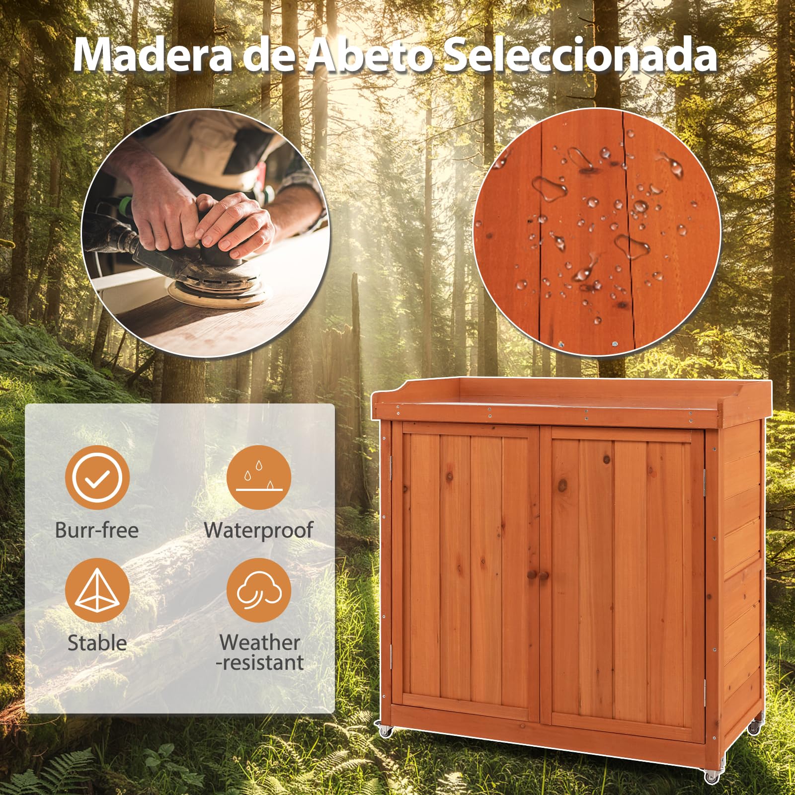 HOMASIS Armoire de jardin d'extérieur en bois résistant aux intempéries avec plan de travail, armoire à outils avec roulettes et étagère amovible, table pour terrasse, jardin, balcon, 98,5 x 48 x 100