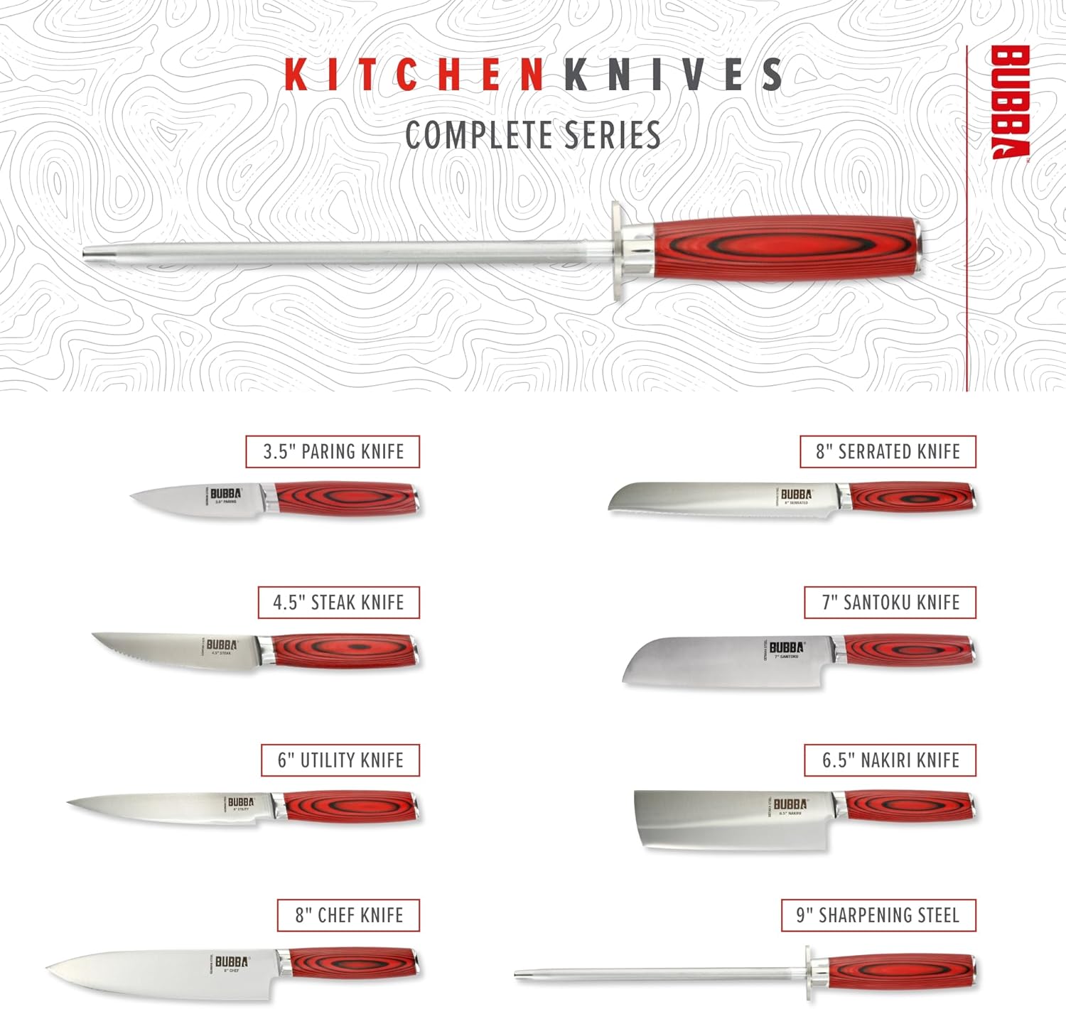 BUBBA Kitchen Series 9" Sharpening Steel with premium diamond coating and perfectly balanced to increase the overall life of your kitchen knives Red