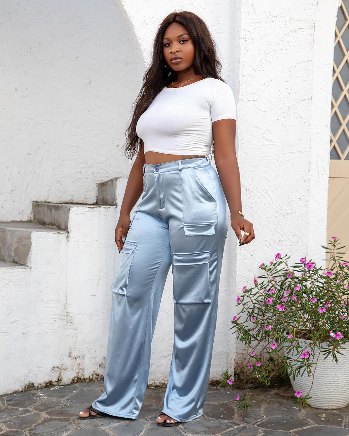 Metallic Satin Cargo Pants for Women High Waisted Wide Leg Pants with Pockets, Dressy Going Out Concert Outfits - Image 7