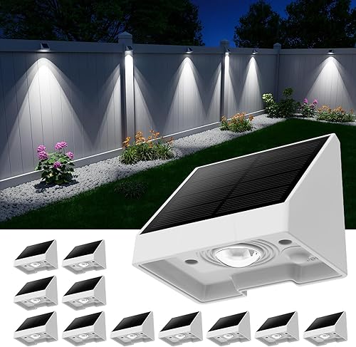 Paquete de 12 luces decorativas para vallas solares para exteriores, impermeables, con lente LED blanca fría, para pared exterior, cubierta, patio,