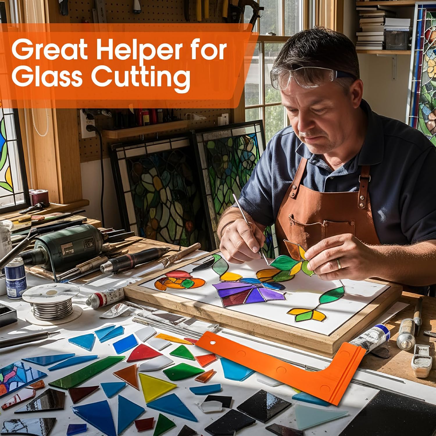 Therwen 12 Inch Plastic L Cutting Square Stained Glass Tools, Accurate Cutters Ruler for Stained Glass Supplies with 10 Pcs Non-Slip Pad