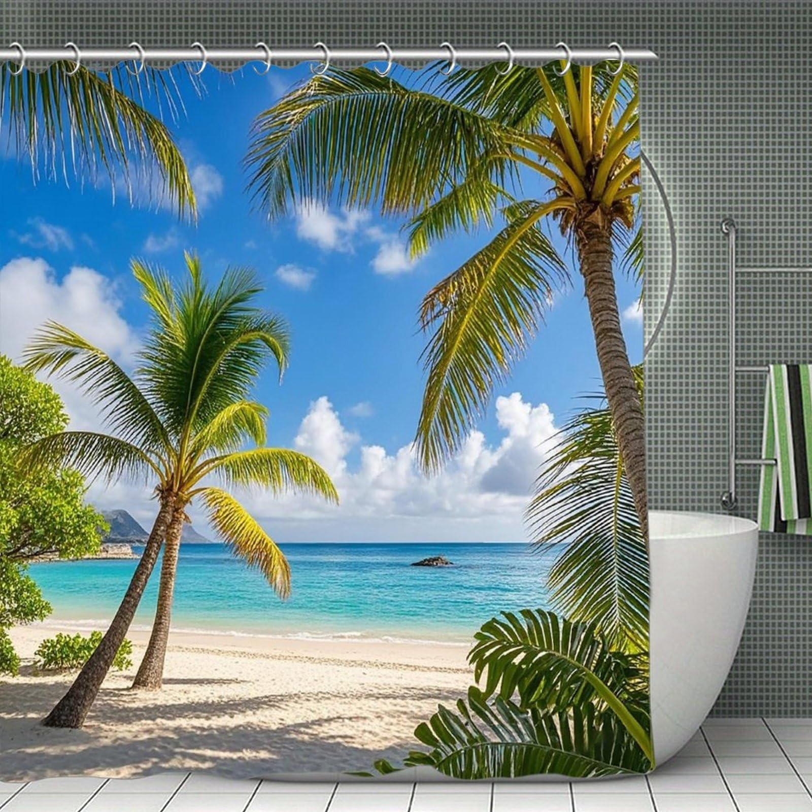 VstaDank Tropical Palm Tree Hawaii Beach Shower Curtain Light-Weight Blackout Bathroom Curtain Washable Shower Liner 71x71 Inch Bath Curtain with Metal Holes Bathtub Bath Room