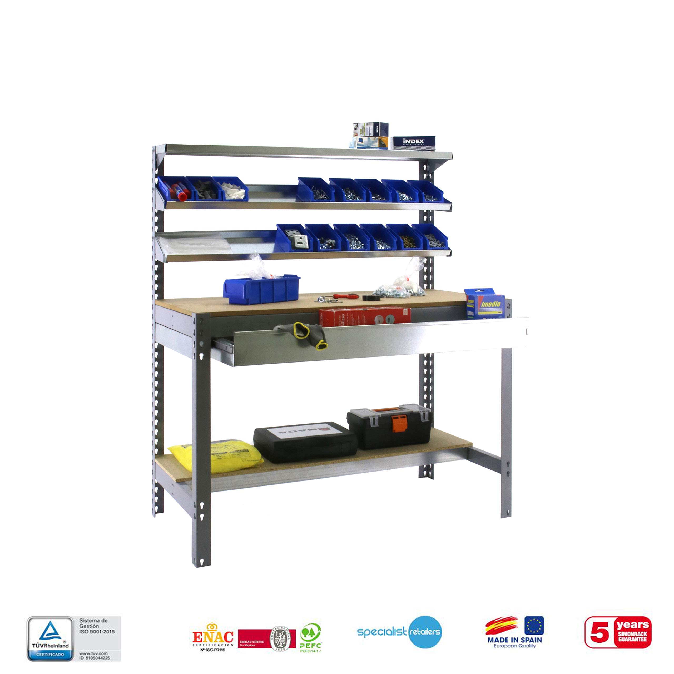 Simon Rack Banco de Trabajo con 3 repisas y cajón 910x610 mm - BT1 | Capacidad Carga 400 kg, Pintura anticorrosión, Gris , Montaje sistema clic
