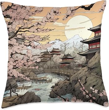 Comic Box Sakura Beneath The Sakura Splendor A Scenic Tree Narrative Throw Pillow, 18x18, Multicolor