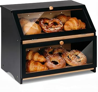 Bamboo Bread Bin Double Decker Breadbox Kitchen 15.3"x9.8"x12.6" Black