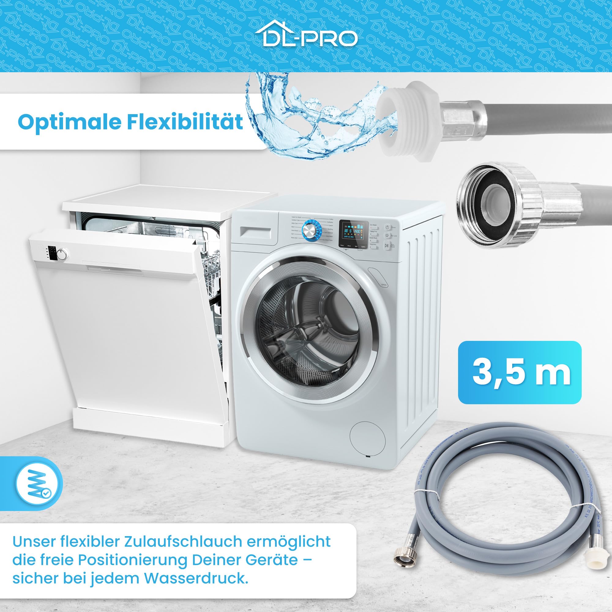 DL-pro Tuyau d'alimentation en eau universel Tuyau d'arrivée d'eau Rallonge eau 3,5 m (350 cm) - max 25°C - PE 20 BAR - PS 90 BAR - pour lave-vaisselle lave-linge machine à laver sèche-linge