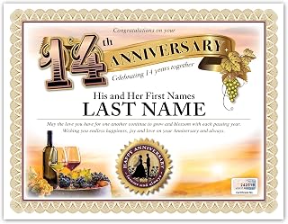 Personalized Custom Wedding Anniversary ANY YEAR Certificate Wine Sunset - Present, Gift, Award, 10 Years, Card, Glasses, Bottle