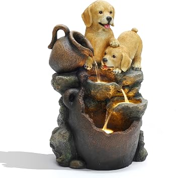 LuxenHome 25" Puppies and Pitchers Resin Outdoor Water Fountain with Lights