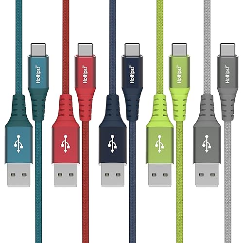 Hottips! Paquete de 5 cables de 15 W y 10 pies - USB C a USB A - Varios colores de trenzado de nailon para Android, Samsung Galaxy S20 S10, Note 8 9