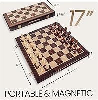 Vista 2 de 17" Magnetic Wooden Chess Set - Large Folding Travel Chess Board with Hand-Carved Pieces, Foam Storage Slots, 2 Extra Queens, Gift Box Packaging