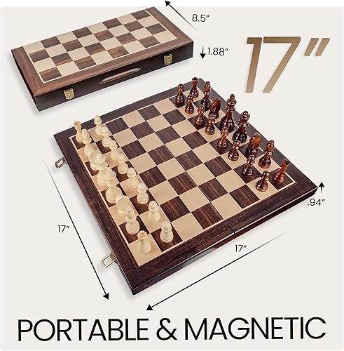 Miniatura 3 de Juego de ajedrez magnético de madera de 17 pulgadas, tablero de ajedrez de viaje plegable grande con piezas talladas a mano, ranuras de