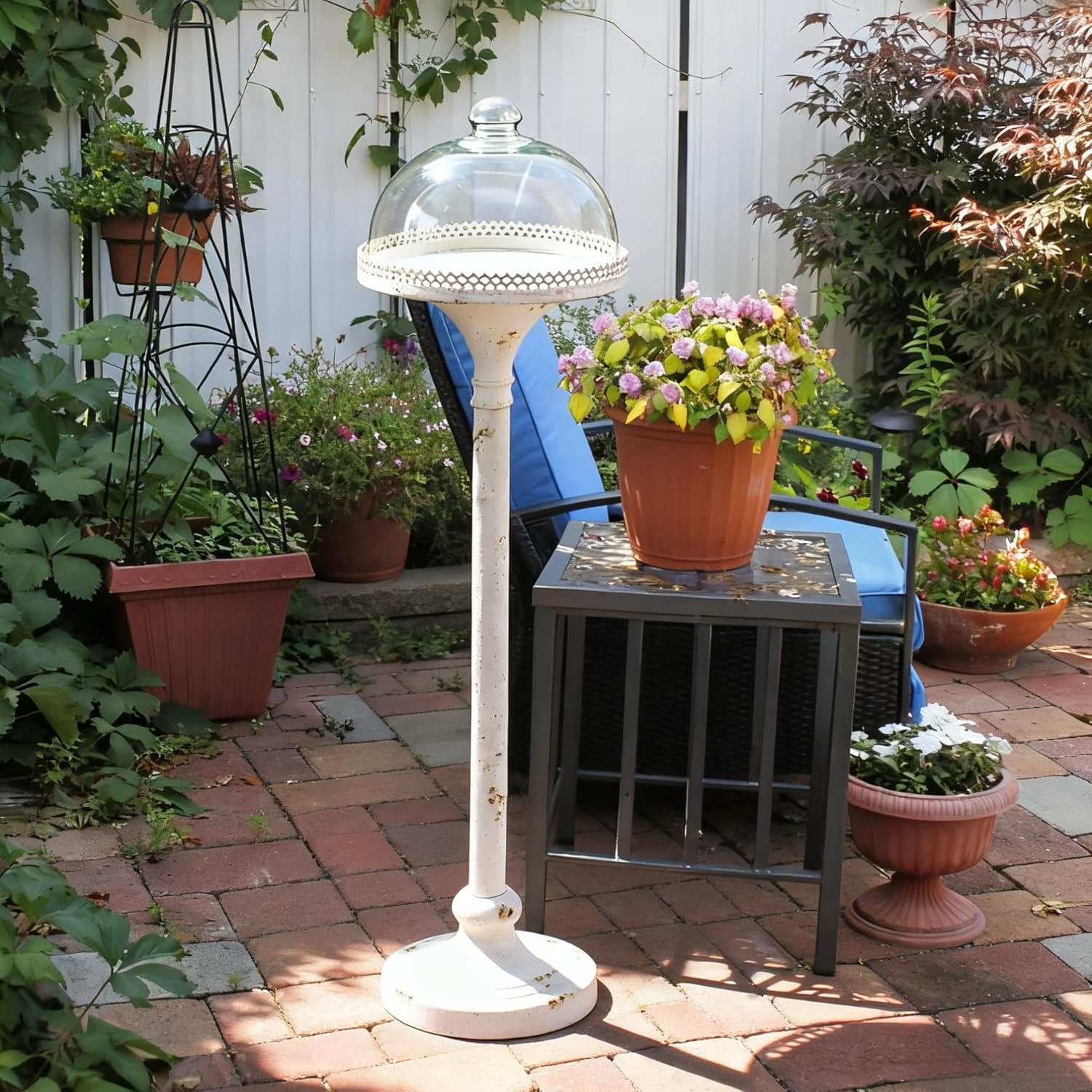 Vintage Glass Dome Dessert Stand 29.1" Tall Rustic Metal Cake Stand with Cloche, White Distressed Finish for Wedding, Bakery, Farmhouse Kitchen Display