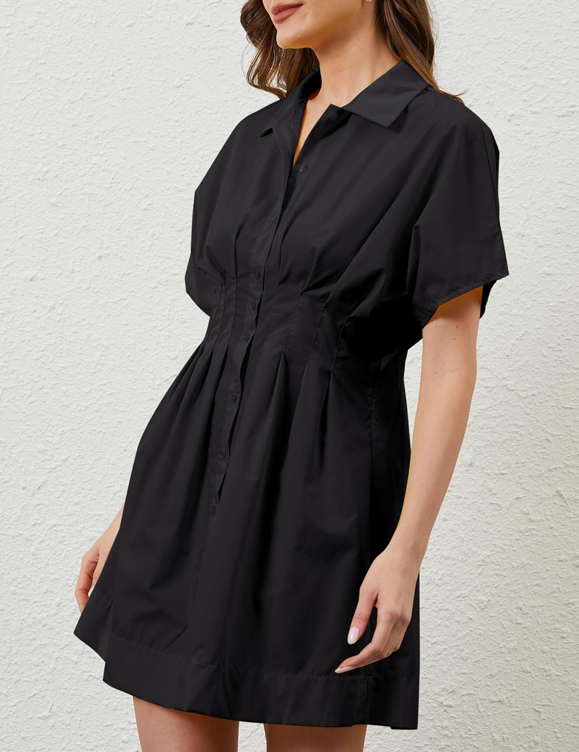 Women Button Down Pleated Shirt Dress Summer Short Sleeve Blouse Striped Print Corset Mini Dresses - Image 6