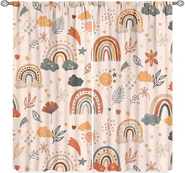 Kids Rainbow Curtains Cartoon Rainbow for Baby Boys Girls Playroom Brown Abstract Bohemia Lovely Stars Nursery Bedroom Window Drapes Treatment Fabric 52W x 84H Inch Blackout
