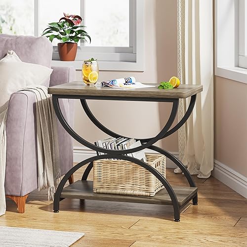 Miniatura 4 de Tribesigns Mesa auxiliar de 2 niveles con elegante marco de metal, mesita de noche rectangular vintage para dormitorio, sillas de madera y metal,