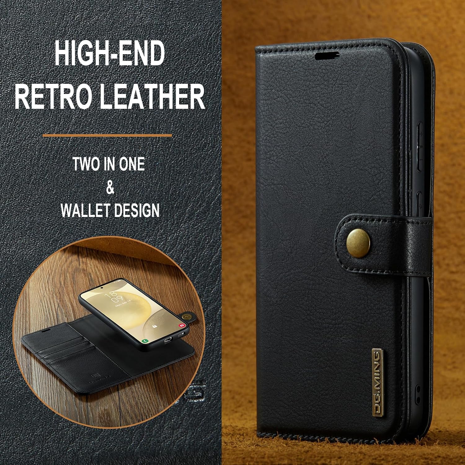 Detachable 2 in 1 Split Magnetic Flip Folio Wallet Case Compatible with Samsung Galaxy S24 Plus Genuine Leather Phone Case with 3 Card Holder Slots Kickstand Shockproof Cover(Black)
