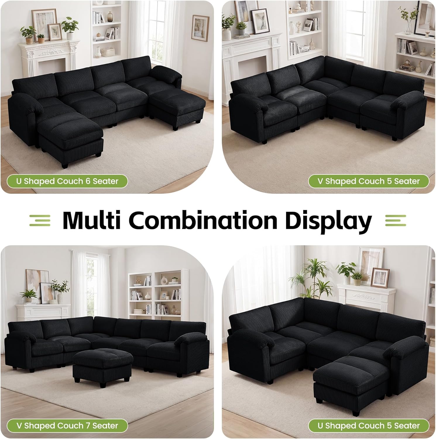 67'' Sectional Loveseat Sofa, 2-Seater Modular Love Seat Couch for Living Room, Corduroy Deep Seat Cloud Couches with Rolled Edge Armrest, Black
