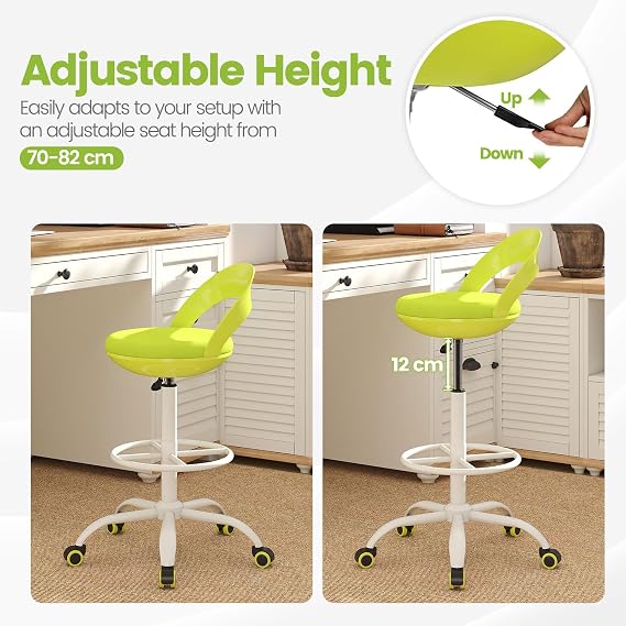 COSTWAY Rolling Drafting Chair, Height Adjustable Swivel Office Desk Chair with Low Backrest & Footrest, Ergonomic Padded Stool for Home Office Studio, Green