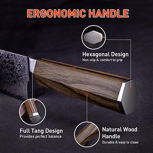 Vista 10 de Santoku - Cuchillo de cocina profesional VG-10 de 7 pulgadas con núcleo de corte de 67 capas, cuchillo de chef con mango hexagonal de madera natural