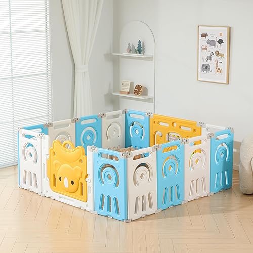 Plegable Play Pen - Extra grande 14 paneles Baby Play Yard, Valla y puerta portátil para bebés - Azul Blanco