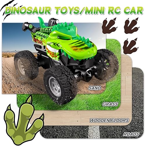 Miniatura 6 de Auto de dinosaurio a control remoto con luz RGB, juguete de camión monstruo vertical giratorio de 360 y paseo vertical, camión monstruo de control