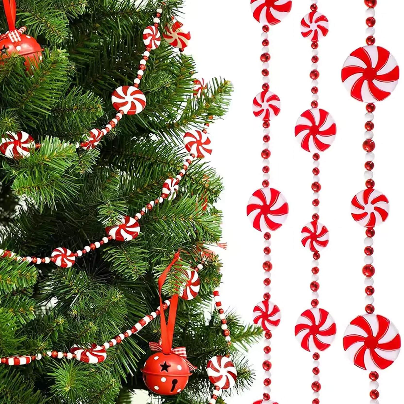 Cakeeyum Red Christmas Tree Garland 6.6 Ft Plastic White Candy Cane Christmas Decorations For Xmas Tree Wreaths Fence Fireplace Garland, Candy Cane Decorations