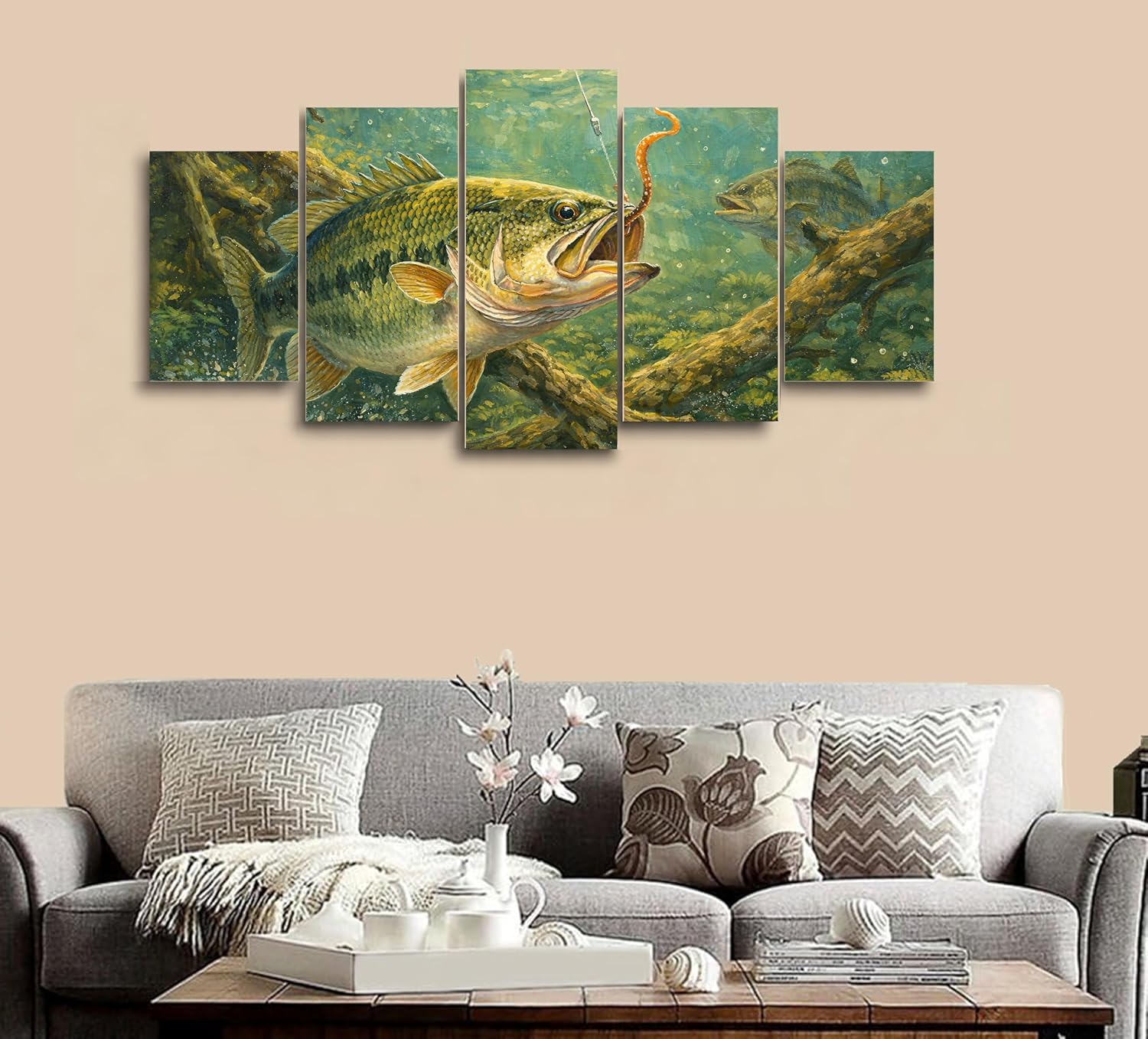 5 Panel Canvas Wall Art Freshwater Bass Fishing Scene Painting Five Piece Angler Artwork Canvas Prints Nature Sport Decor for Living Room Bedroom Office Home Interior Decoration Outdoor Theme Framed