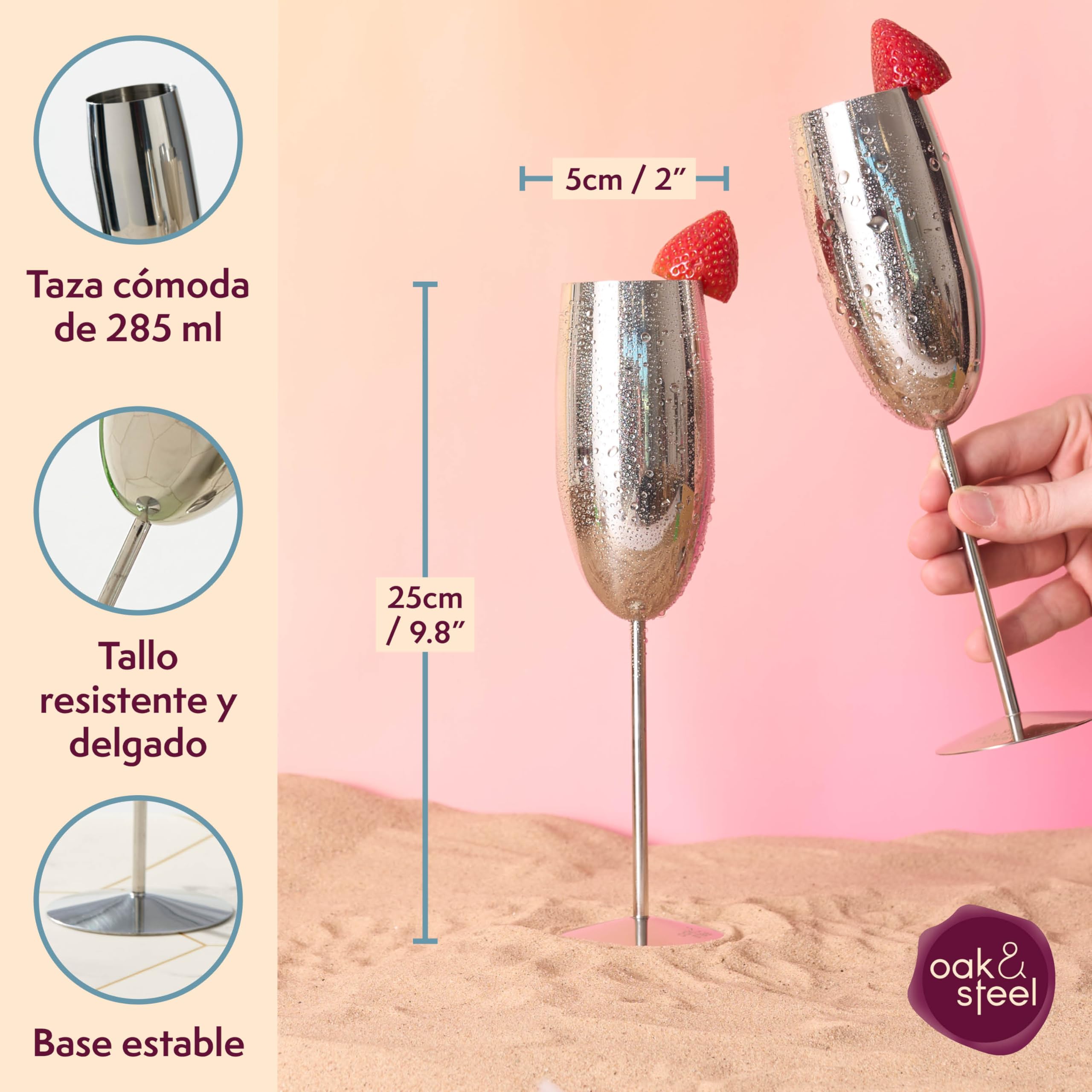 Oak & Steel - 4 Elegantes Copas de Champán de Acero Inoxidable, 285ml - Copas Cava de Acero Inoxidable Plateado - Set Original para Brindis, Bodas, Fiestas y Celebraciones