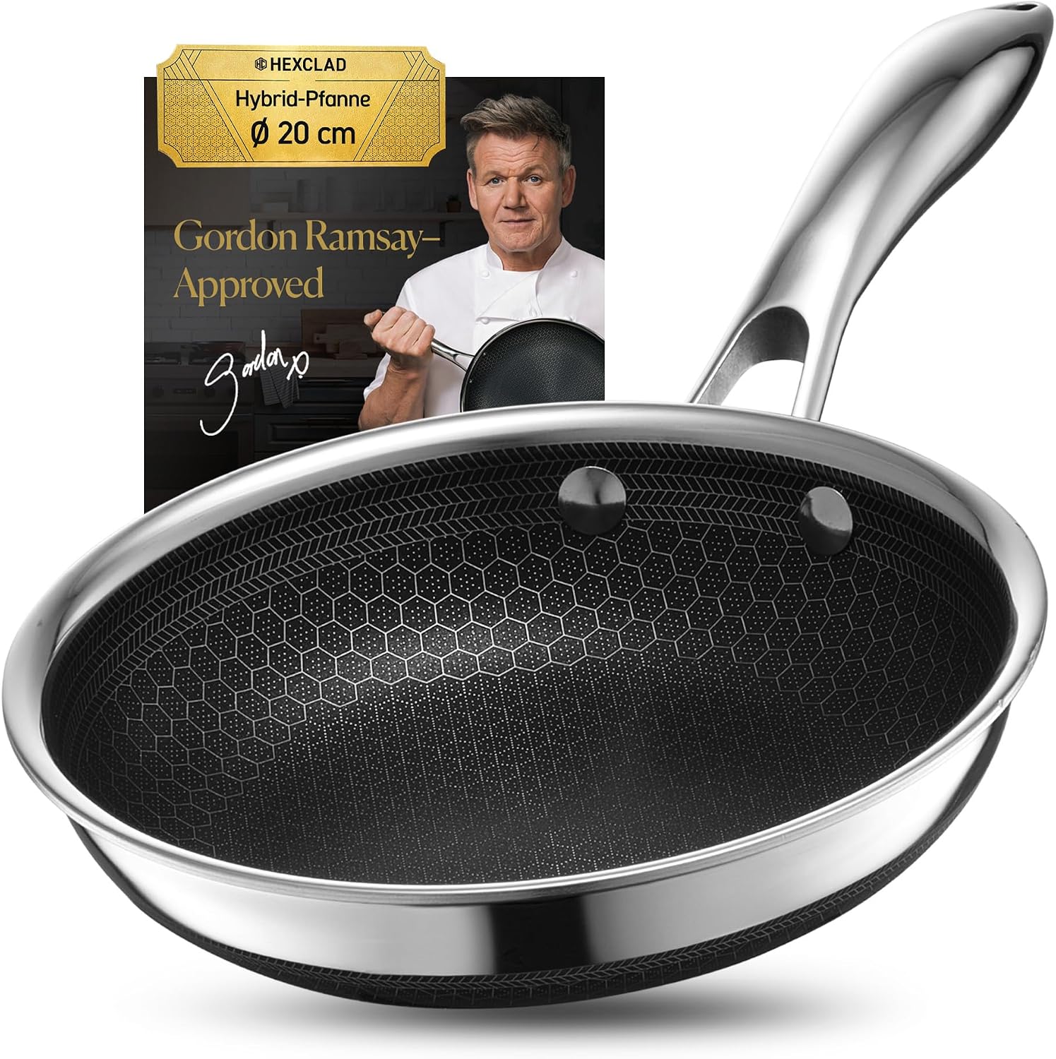 HexClad Hybrid Pan Diameter 20 cm Stainless Steel Pan with Honeycomb Structure Frying Pan for All Types Including Induction Non-Stick Pan Oven & Dishwasher Safe